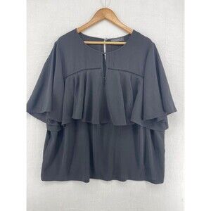 Eloquii Womens Plus Size 24 Black blouse Ruffled Front, Flutter Sleeve